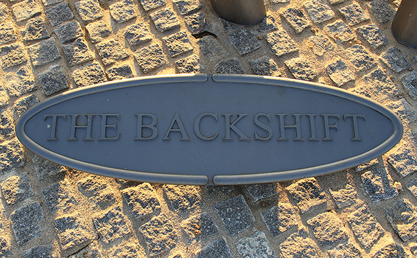 The Backshift. Laser cut lettering with the name of the sculpture. Stanes Park, Shotts.