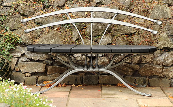 Damsel Fly Bench. Forged mild steel with wooden slats. Galvanised and painted Ratho Grey.
