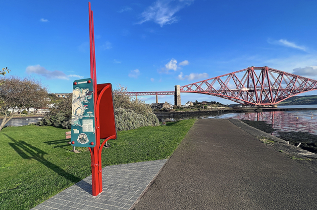 A series of information signs to North and South Queensferry, part of the Forth Bridges Trail, a circular trail taking in North and South Queensferry situated on the Firth of Forth, with stunning views of by three iconic bridges spanning three centuries.