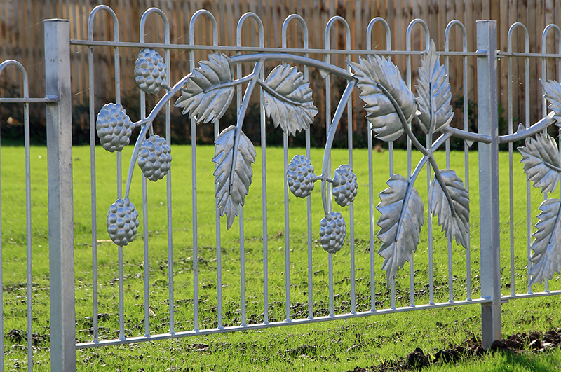 Detail, Giant Brambles and leaves applied to existing railings. Forged mild steel galvanised.