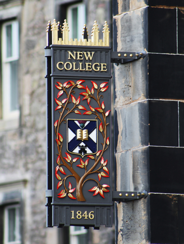 Hanging sign commissioned by Edinburgh University for New College, the home of The School of Divinity. The overthrow detail depicts the Scottish flag and the Burning Bush, both symbols can be found on the Church of Scotland logo. Forged and fabricated mild steel, galvanised, painted and gold leafed.